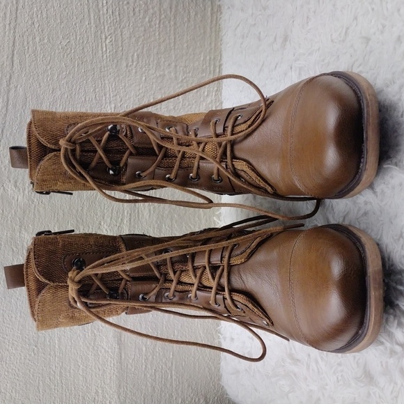 J75 by Jump Deploy Brown Faux Leather Canvas Round Cap Toe Lace Up Combat Boot - Picture 2 of 16